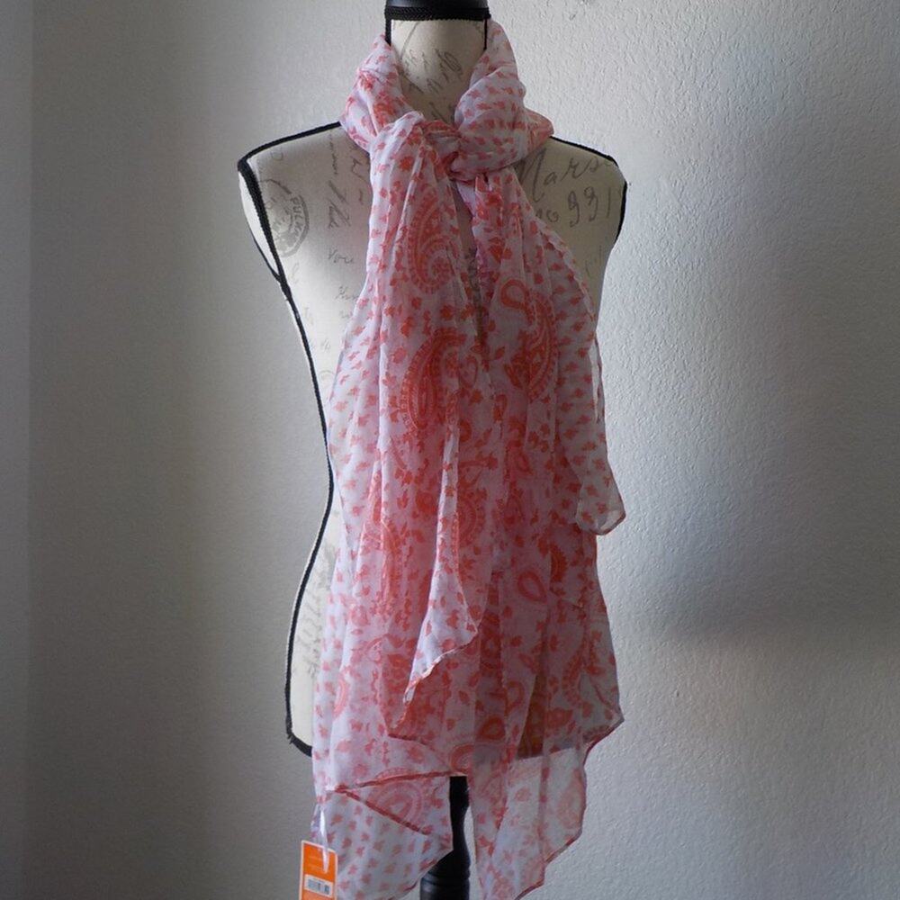 West Loop Floral Paisley Scarf Wrap Light Fabric White Red 32x70" Casual Preppy
